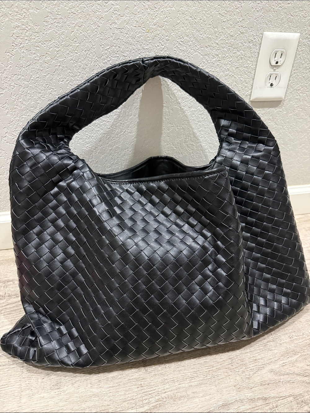 Woven Hobo Shoulder Bag - Black leather.